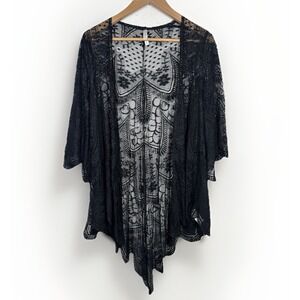 Bohemian Crochet Lace Coverup Black Floral Medium Sheer Front Swim Goth Emo NWOT
